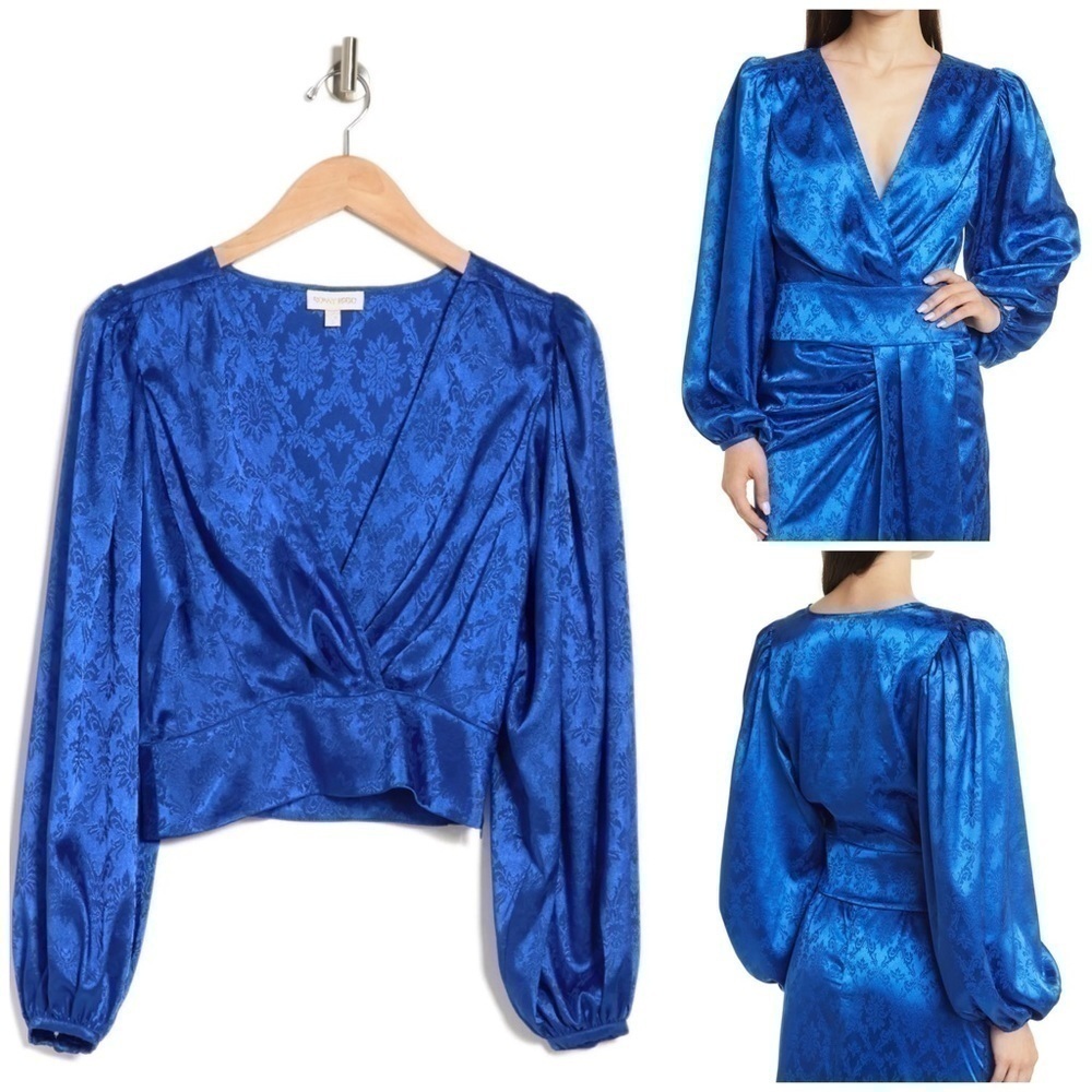 Ronny Kobo Royal Blue Satin Damask Eugenia Surplice Crop Blouse Top Size Small
